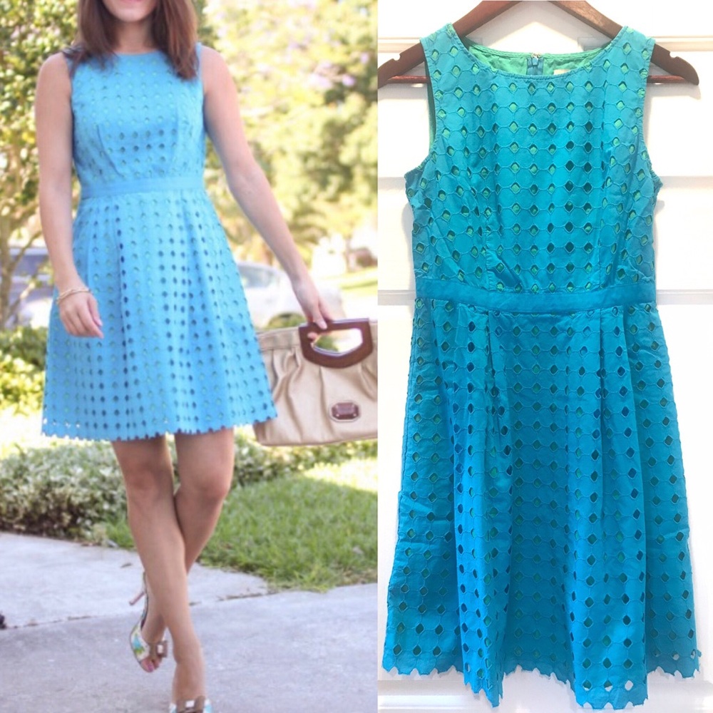 LOFT turquoise/green A-line eyelet mini dress, size 2 - Picture 5 of 7